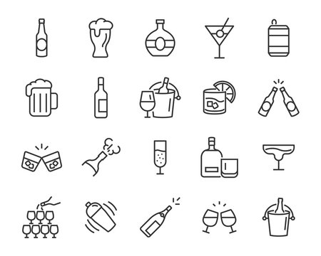 set of alcohol icons, such as wine, champagne, beer, whisky, cocktail