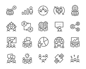 set of business people icons, such as meeting, team, structure, communication, member, group