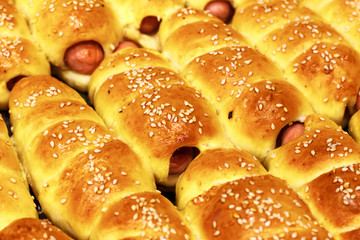 Fresh tasty sausages in dough close up