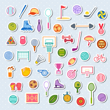 Vector color icons: sticker with sports equipment