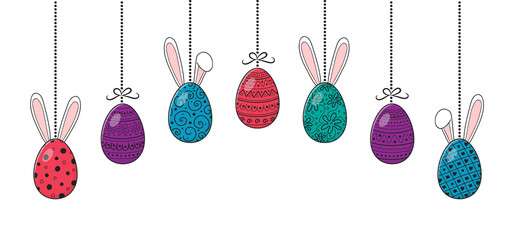 Easter banner with hanging eggs and funny bunnies. Vector