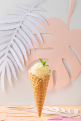 Waffle cones with vanilla ice cream