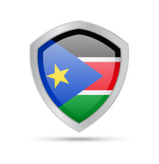 Shield with South Sudan flag on white background.