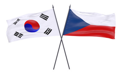 South Korea and Czech Republic, two crossed flags isolated on white background. 3d image