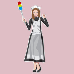Maid, girl dressed in classic French maid clothes, holding dust brush. Vector illustration.