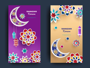 Ramadan Kareem vertical banners with 3d arabesque stars and flowers.