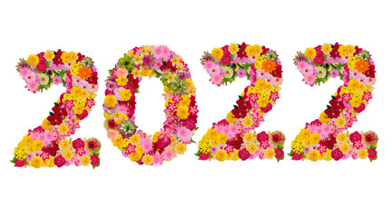 Inscription 2022 from fresh flowers isolated on white background. Happy New Year Concept.With clipping path