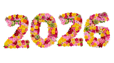 Inscription 2026 from fresh flowers isolated on white background. Happy New Year Concept.With clipping path