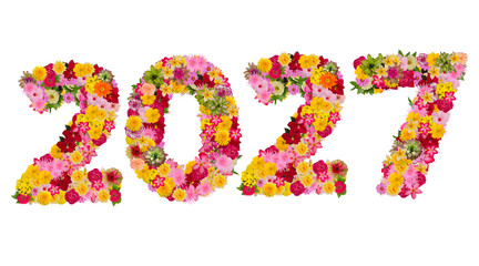 Inscription 2027 from fresh flowers isolated on white background. Happy New Year Concept.With...