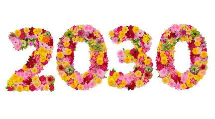 Inscription 2030 from fresh flowers isolated on white background. Happy New Year Concept.With clipping path