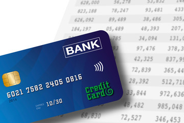 Credit card lying on a spreadsheet background with numbers in colums. Accounting or banking concept.