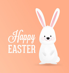 Happy Easter Vector Design with Cute Rabbit Character - Advertising Poster or Flyer Template with a White Bunny 