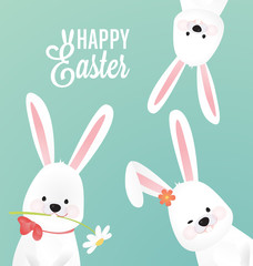 Happy Easter Vector Design with Cute Rabbit Characters