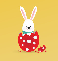 Happy Easter Vector Design with Cute Rabbit Character - Advertising Poster or Flyer Template with a White Bunny 