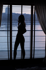 Fototapeta na wymiar silhouette of a girl in underwear near a window with a river view during sunset