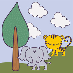 cute tiger with elephant in landscape