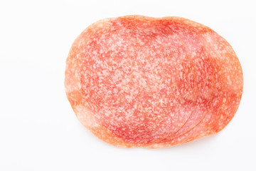 Sandwich with salami sausage on white background.