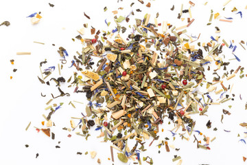 Herbal tea on a white background. Top view.