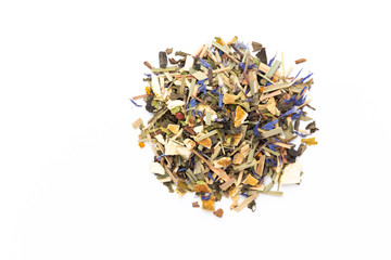 Herbal tea on a white background. Top view.