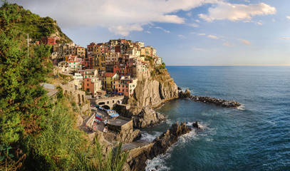Fototapeta na wymiar View of Manarola village and Ligurian sea from a hill in Cinque Terre, Italy