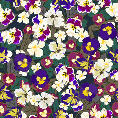 Seamless pattern with pansies on a dark background