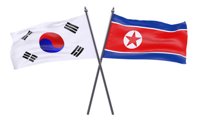 South Korea and North Korea, two crossed flags isolated on white background. 3d image