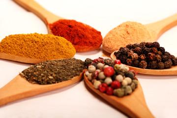 Group of indian spices and herbs difference ware in wooden spoons on white background for design foods, vegetable, spices, herbs, healthy lifestyle