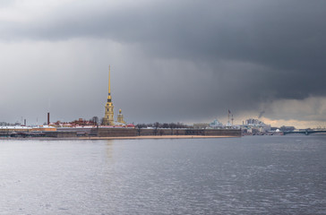 Fototapeta na wymiar view of Peter and Paul fortress and Neva river on a rainy day in spring, St. Petersburg