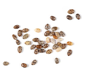 Chia seeds macro isolated on white background, top view