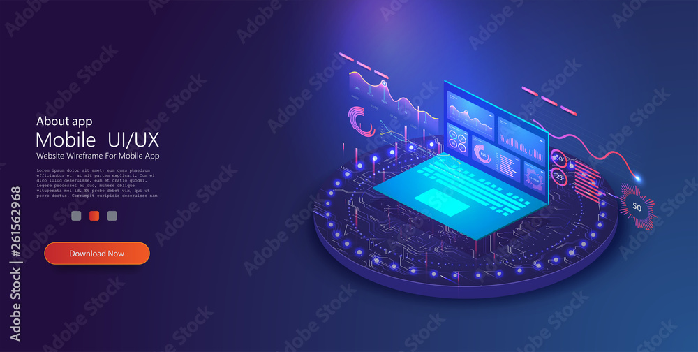Poster application of laptop with business graph and analytics data on isometric laptop . analysis trends a