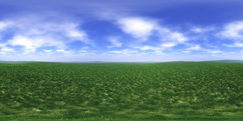 HDRI, environment map , Round panorama, spherical panorama, equidistant projection, panorama 360, green grass under the sky