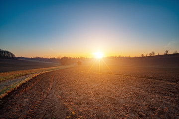 Obraz premium Early morning sunrise field panorama