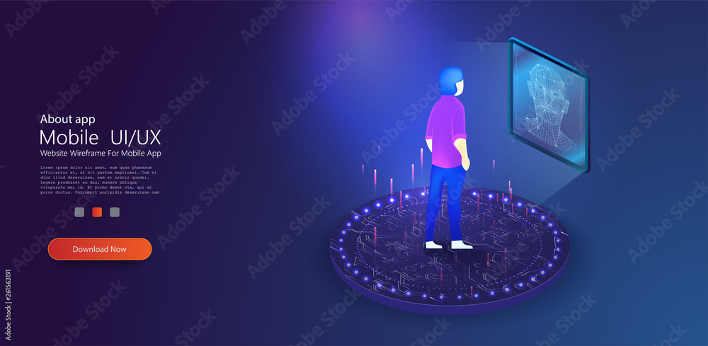 Poster Face recognition and identification. Face recognition technology. Face on screen. Face with polygons and points. Scanning Illustration