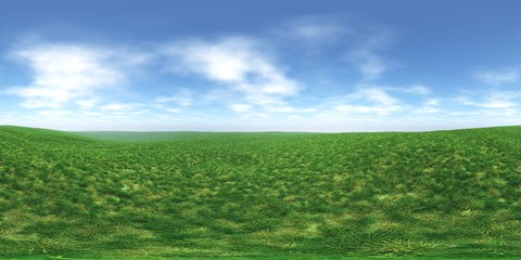 HDRI, environment map , Round panorama, spherical panorama, equidistant projection, panorama 360, green grass under the sky