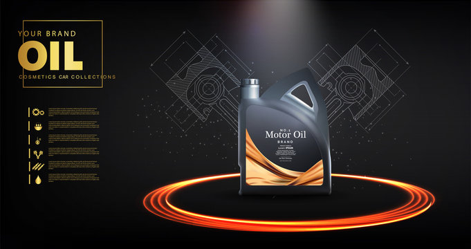 Bottle engine oil on a background a motor-car piston, Technical illustrations. Realistic 3D vector image. canister ads template with brand logo. 	Engine oil advertisement banner