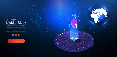 A young man  using virtual reality glasses  looks stars space, earth.For concept design. Virtual augmented reality.Virtual technology. Future technology. Vr headset. People vector illustration.