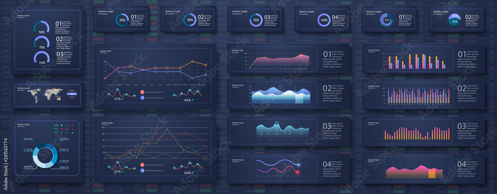 Poster Infographic dashboard template with flat design graphs and pie charts Online statistics and data Analytics. Information Graphics elements for UI UX design. Modern style web elements. Stock vector