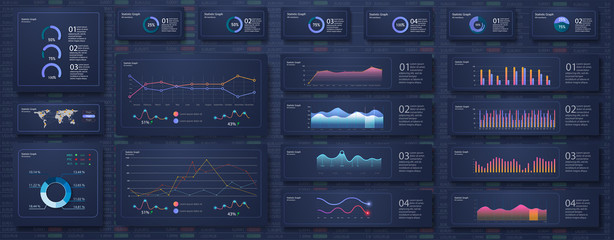 Infographic dashboard template with flat design graphs and pie charts Online statistics and data Analytics. Information Graphics elements for UI UX design. Modern style web elements. Stock vector