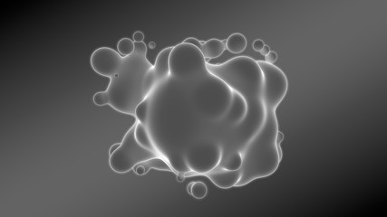 3D illustration of abstract background. Gray gradient with many drops of different shapes and sizes. Balls glow in space. 3D rendering. Futuristic background of many drops of luminous substance