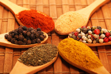 Group of indian spices and herbs difference ware in wooden spoons on wooden background with normal view and copy space for design foods, vegetable, spices, herbs, healthy lifestyle