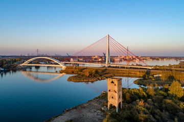 Gdansk, Poland. Modern highway cable-stayed bridge, railway suspension  bridge over Dead Vistula...