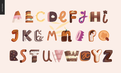 Dessert font - modern flat vector concept digital illustration of temptation font, sweet lettering. Caramel, toffee, biscuit, waffle, cookie, cream and chocolate letters