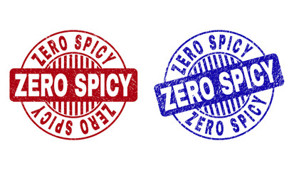 Grunge ZERO SPICY round stamp seals isolated on a white background. Round seals with grunge texture in red and blue colors.