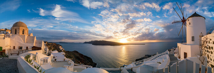 Panorama Oia Village during sunset. Greece Santorini Island - obrazy, fototapety, plakaty