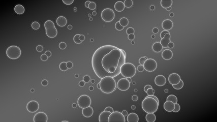 3D illustration of abstract background. Gray gradient with many drops of different shapes and sizes. Balls glow in space. 3D rendering. Futuristic background of many drops of luminous substance