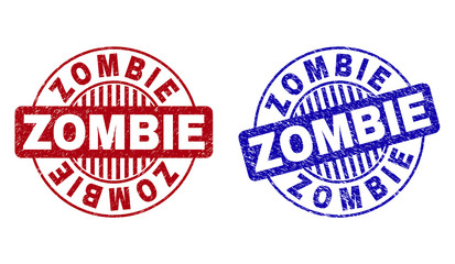 Grunge ZOMBIE round stamp seals isolated on a white background. Round seals with grunge texture in red and blue colors. Vector rubber watermark of ZOMBIE caption inside circle form with stripes.