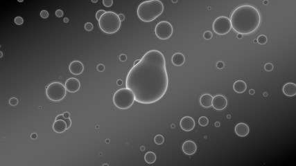 3D illustration of abstract background. Gray gradient with many drops of different shapes and sizes. Balls glow in space. 3D rendering. Futuristic background of many drops of luminous substance