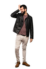 Fototapeta premium Handsome man with beard has realized something and intending the solution over isolated white background