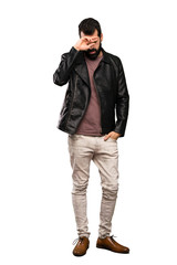 Naklejka premium Handsome man with beard with tired and sick expression over isolated white background