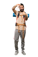 Hiker man focusing face. Framing symbol over isolated white background